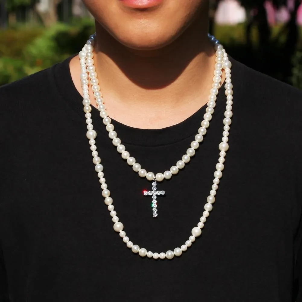 Long Pearl Necklace with Cubic Zirconia Cross Pendant