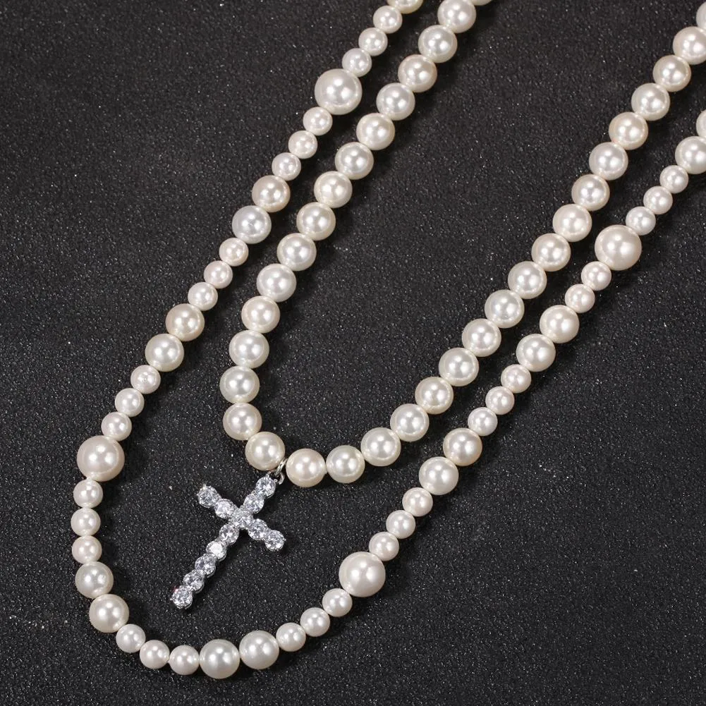 Long Pearl Necklace with Cubic Zirconia Cross Pendant