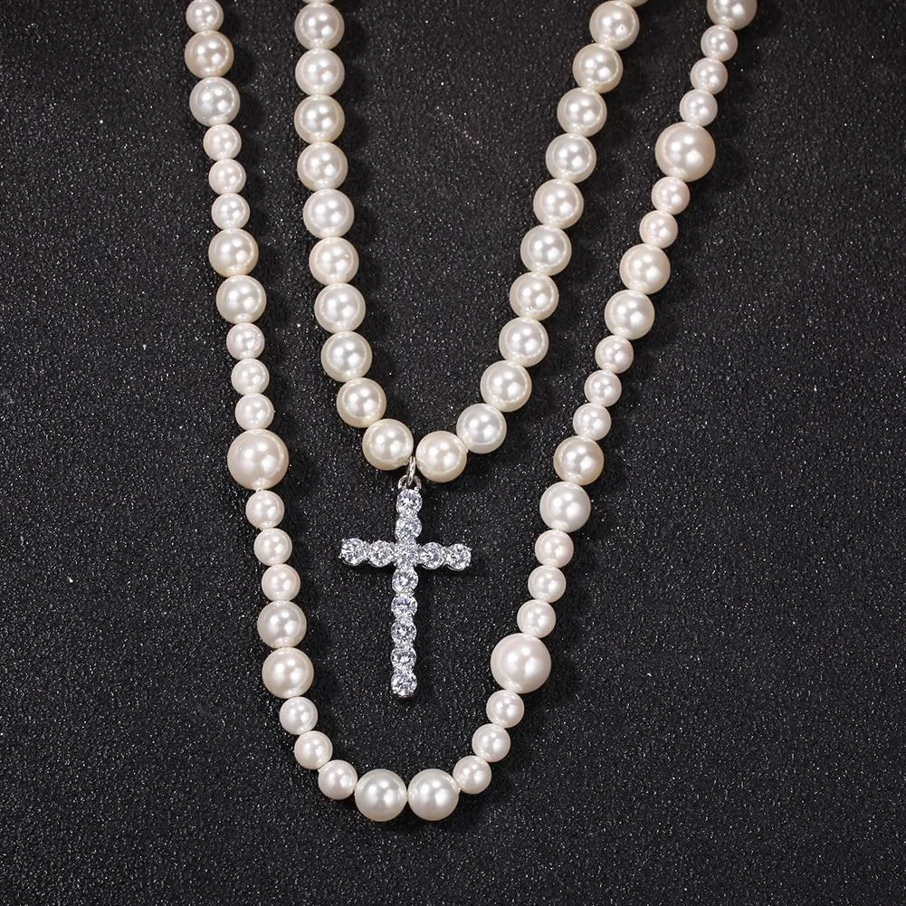 Long Pearl Necklace with Cubic Zirconia Cross Pendant