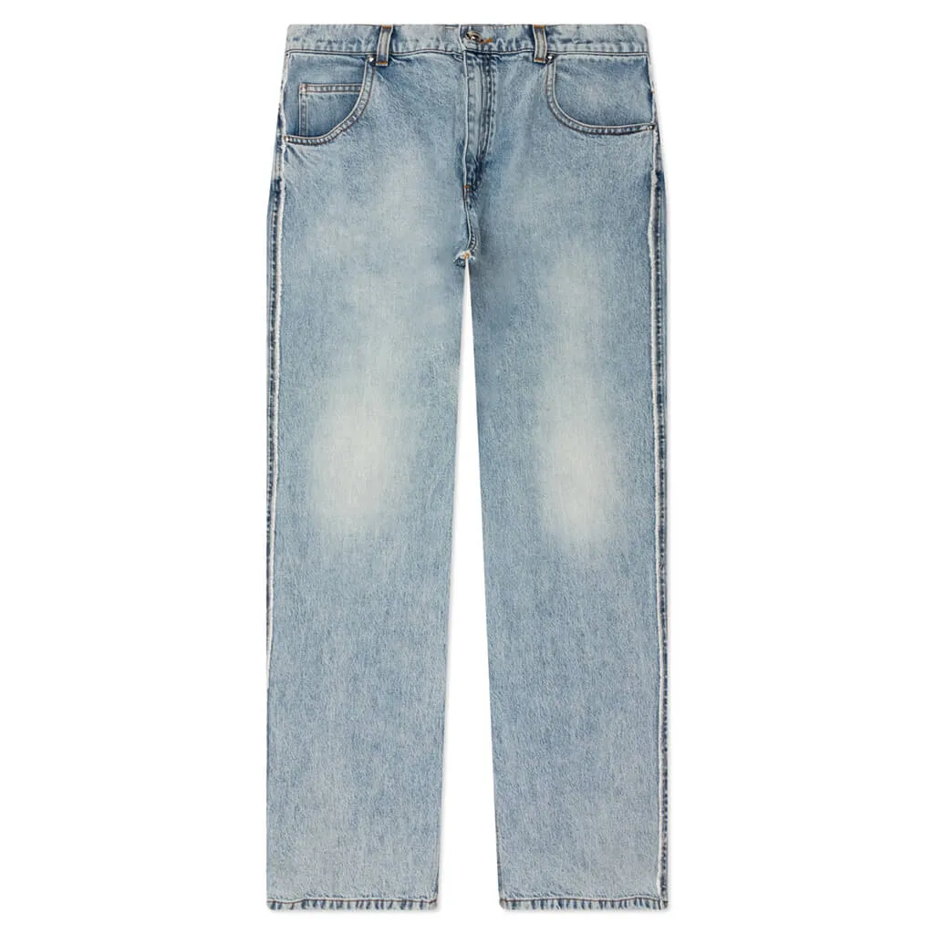 Loose Vintage Wash Denim Pants - Bleu Jean Clair