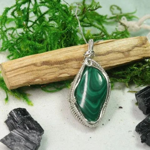 Malachite Pendant~ Wire Wrapped by Hand~ Includes Silver Chain