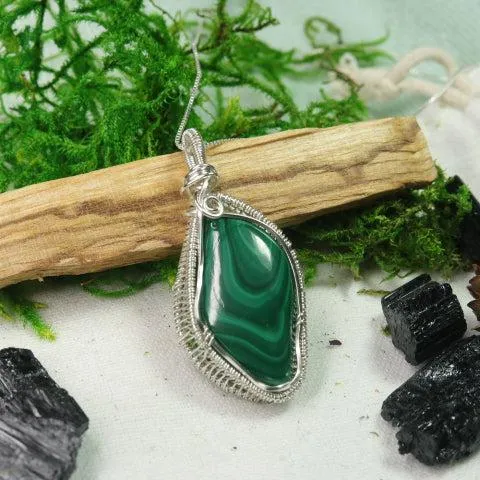 Malachite Pendant~ Wire Wrapped by Hand~ Includes Silver Chain