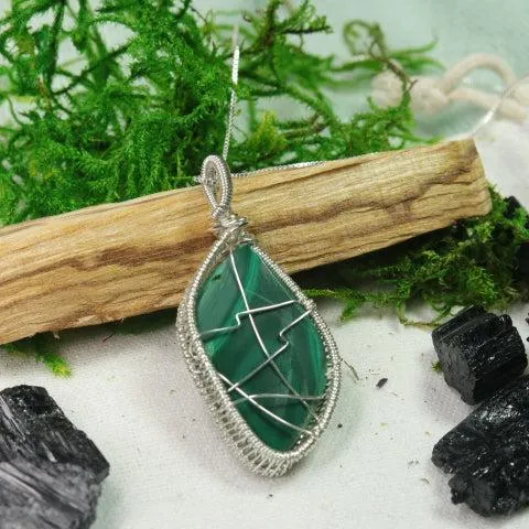 Malachite Pendant~ Wire Wrapped by Hand~ Includes Silver Chain