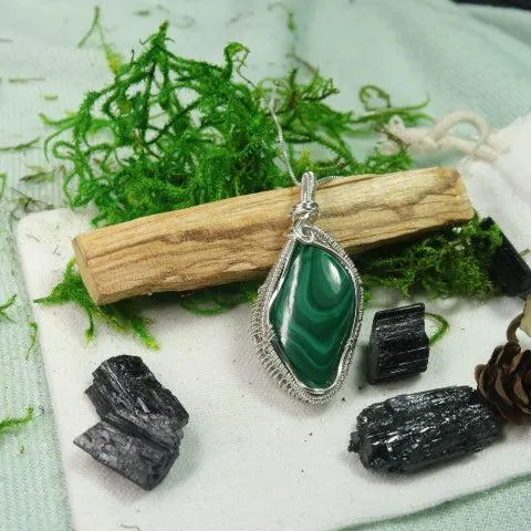 Malachite Pendant~ Wire Wrapped by Hand~ Includes Silver Chain