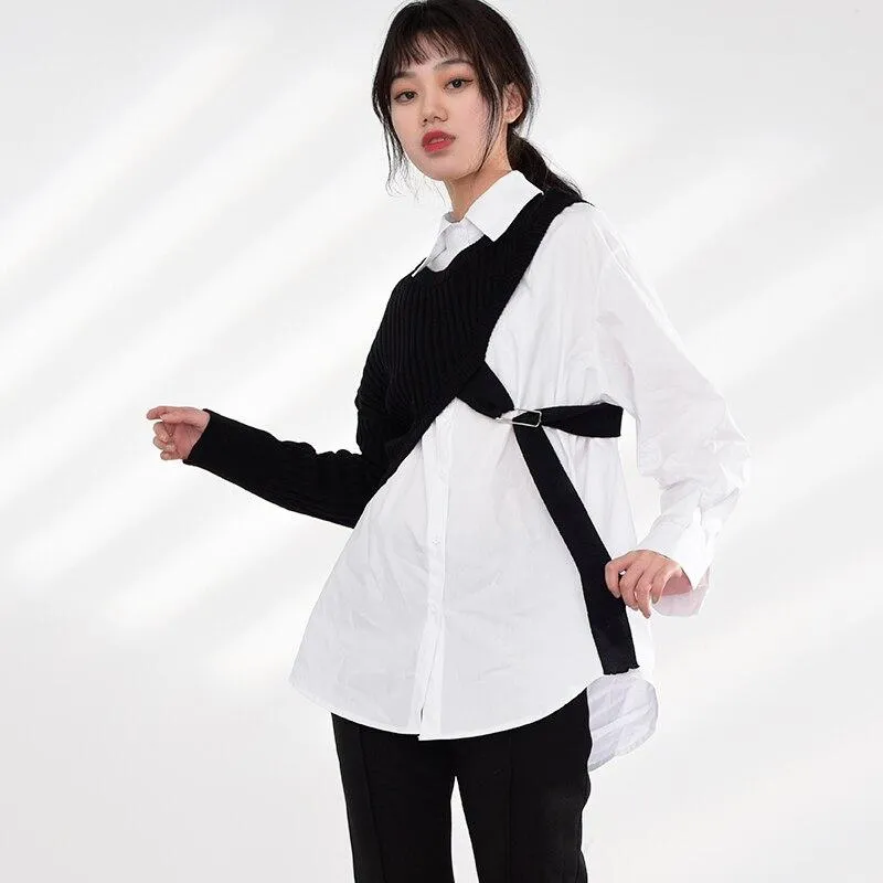 Manami Knitted Long Sleeve Irregular Shirt - Black