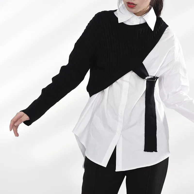 Manami Knitted Long Sleeve Irregular Shirt - Black