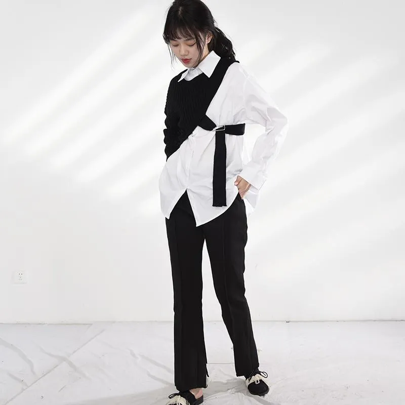 Manami Knitted Long Sleeve Irregular Shirt - Black