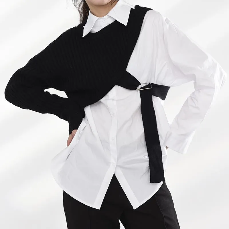 Manami Knitted Long Sleeve Irregular Shirt - Black