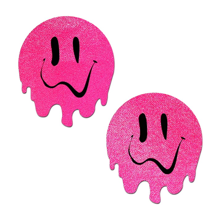 Melty Smiley Face: Neon PInk Melted Smiling Face Nipple Pasties