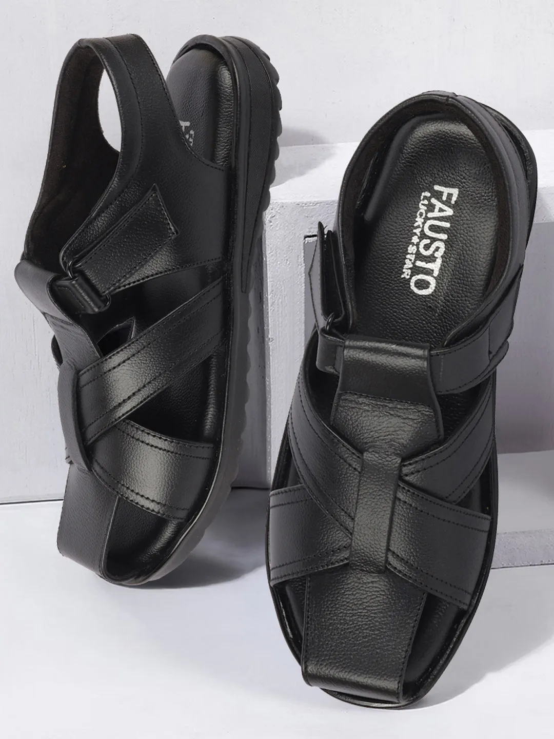 Men Black Genuine Leather Hook & Loop Closed Toe Fisherman Roman Sandals