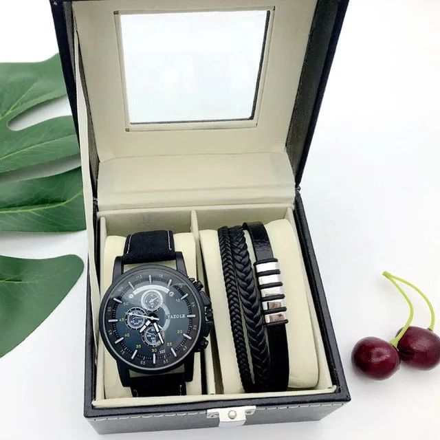 Men High-Quality Large Dial Casual Quartz Watch and Bracelet Gift Box Set