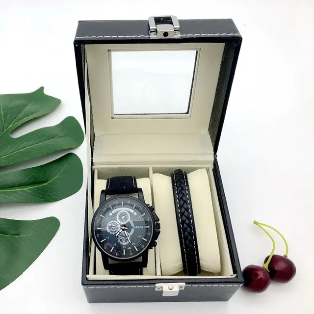 Men High-Quality Large Dial Casual Quartz Watch and Bracelet Gift Box Set