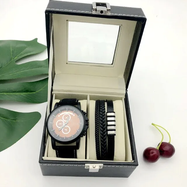 Men High-Quality Large Dial Casual Quartz Watch and Bracelet Gift Box Set