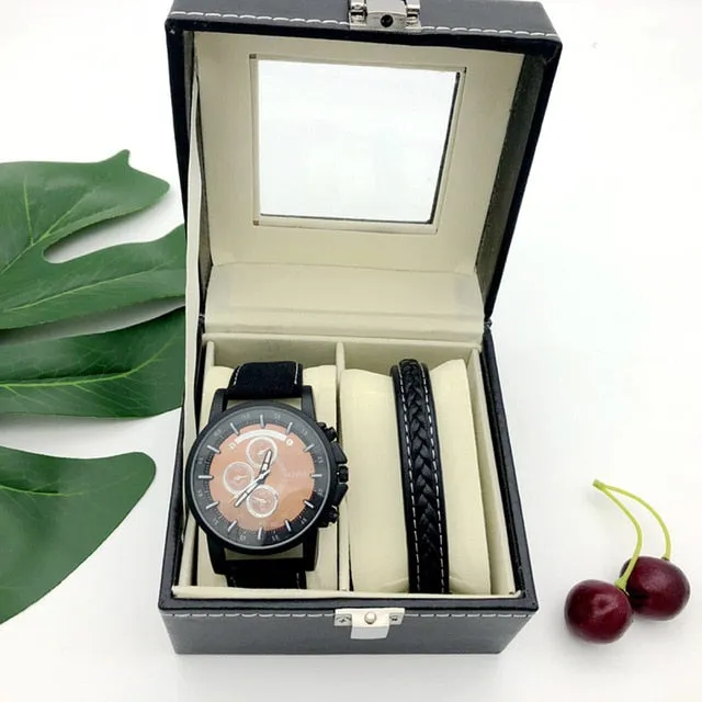 Men High-Quality Large Dial Casual Quartz Watch and Bracelet Gift Box Set