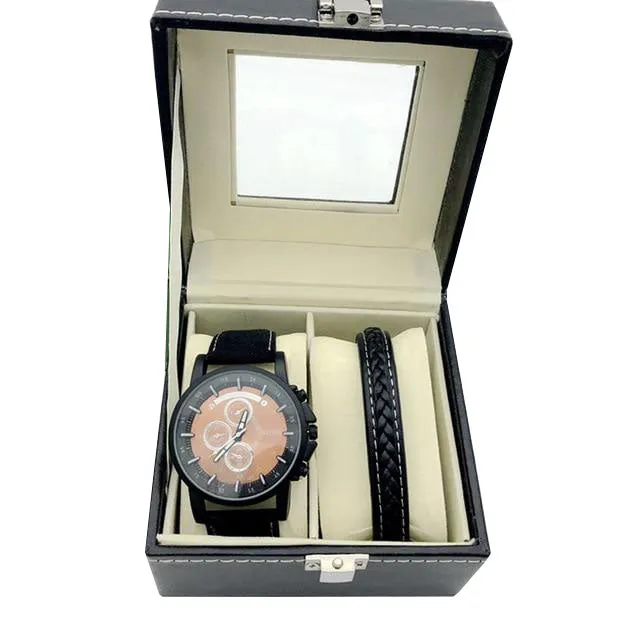 Men High-Quality Large Dial Casual Quartz Watch and Bracelet Gift Box Set