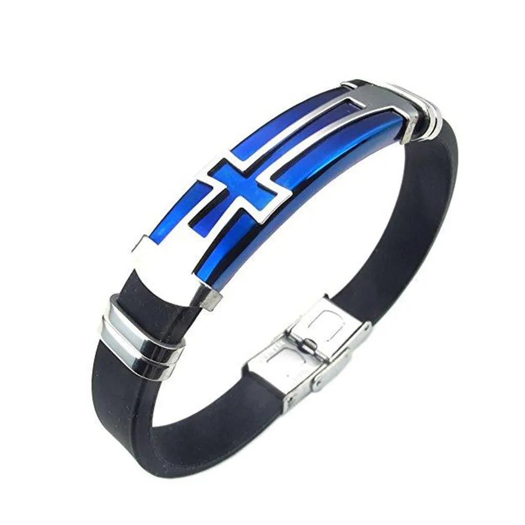 Men Rubber Stainless Steel Bracelet Cross Cuff Bangle Blue Silver Black