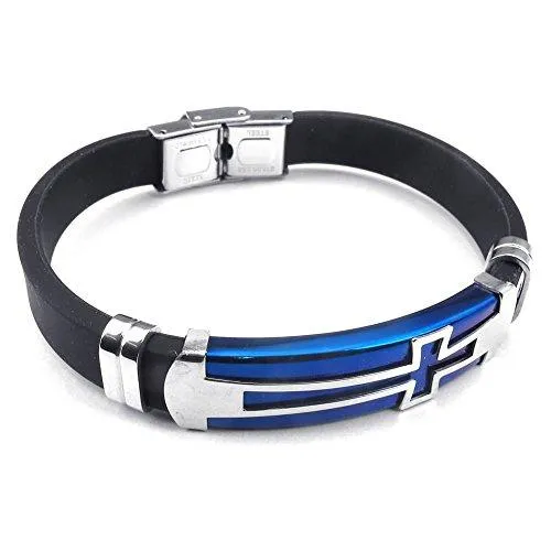 Men Rubber Stainless Steel Bracelet Cross Cuff Bangle Blue Silver Black