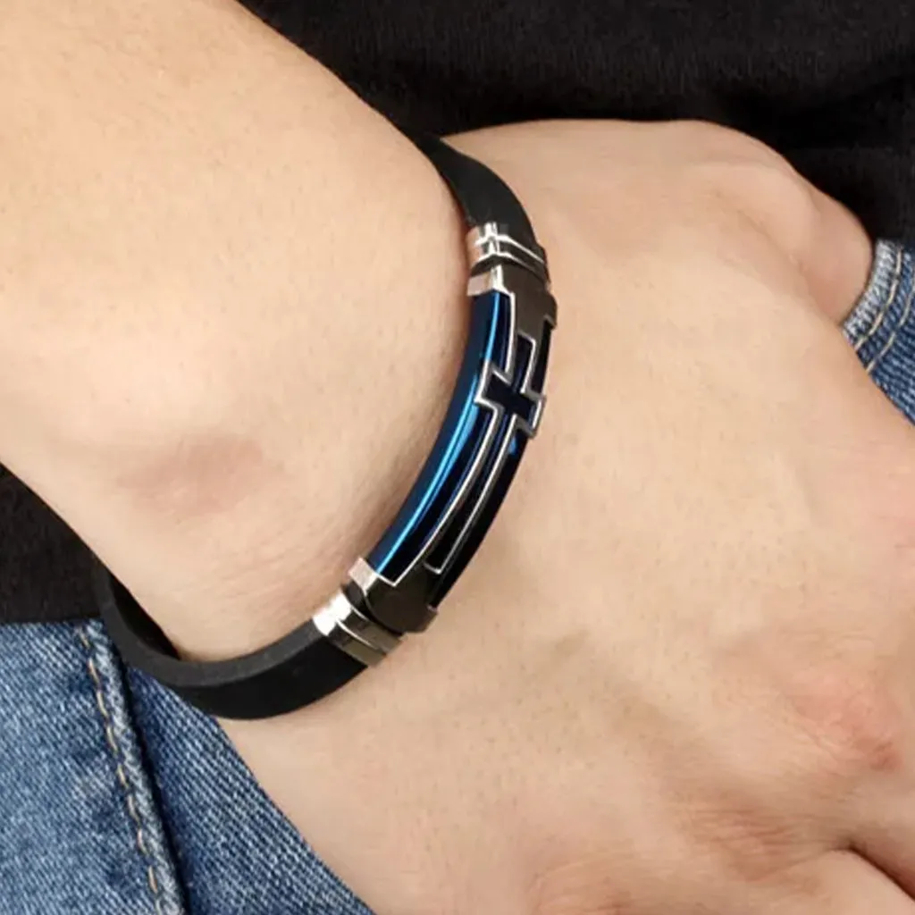 Men Rubber Stainless Steel Bracelet Cross Cuff Bangle Blue Silver Black