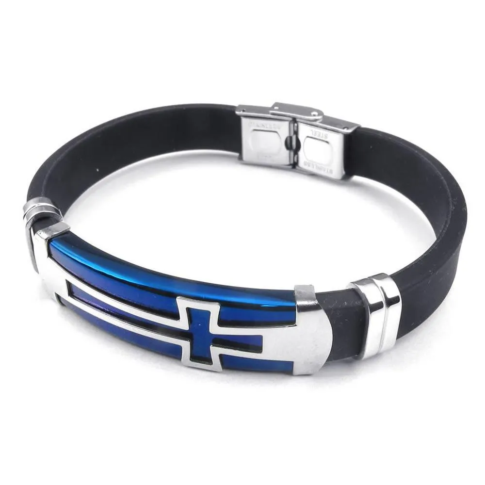 Men Rubber Stainless Steel Bracelet Cross Cuff Bangle Blue Silver Black