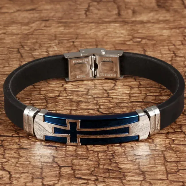 Men Rubber Stainless Steel Bracelet Cross Cuff Bangle Blue Silver Black