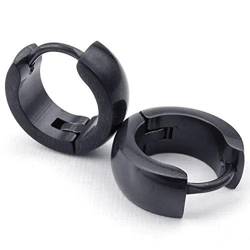 Men Stainless Steel Classic Plain Cambered Stud Huggie Hoop Earrings Set, Black