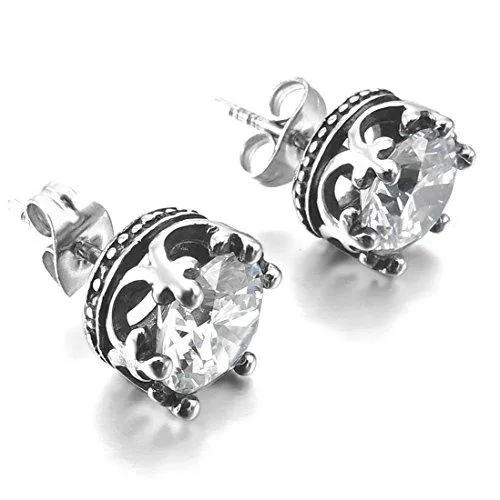 Men's 2 PCS Stainless Steel Stud Earrings CZ Silver Tone Royal King Crown Set