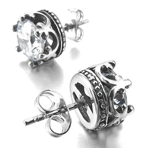 Men's 2 PCS Stainless Steel Stud Earrings CZ Silver Tone Royal King Crown Set