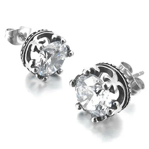 Men's 2 PCS Stainless Steel Stud Earrings CZ Silver Tone Royal King Crown Set