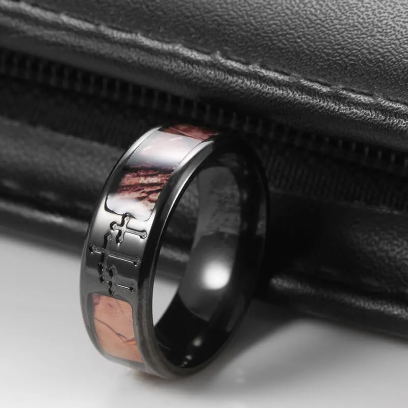 Men's 8mm Black Titanium Ring with Contrasting Engraved Crosses and Brown Camouflage Inlaid