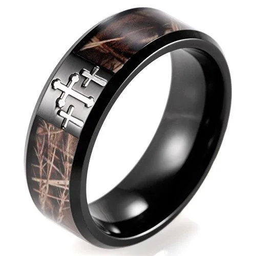 Men's 8mm Black Titanium Ring with Contrasting Engraved Crosses and Brown Camouflage Inlaid