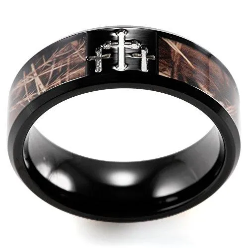 Men's 8mm Black Titanium Ring with Contrasting Engraved Crosses and Brown Camouflage Inlaid