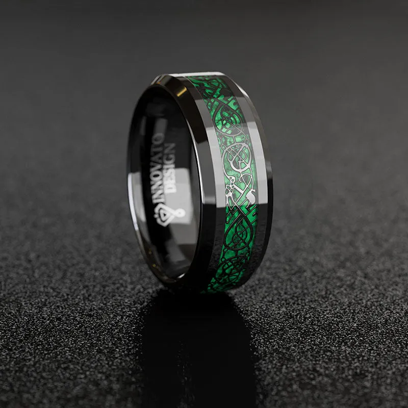 Men's 8mm Green Carbon Fiber Black Celtic Dragon Tungsten Carbide Ring Comfort Fit Wedding Band