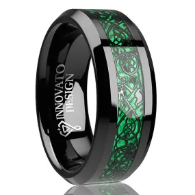 Men's 8mm Green Carbon Fiber Black Celtic Dragon Tungsten Carbide Ring Comfort Fit Wedding Band