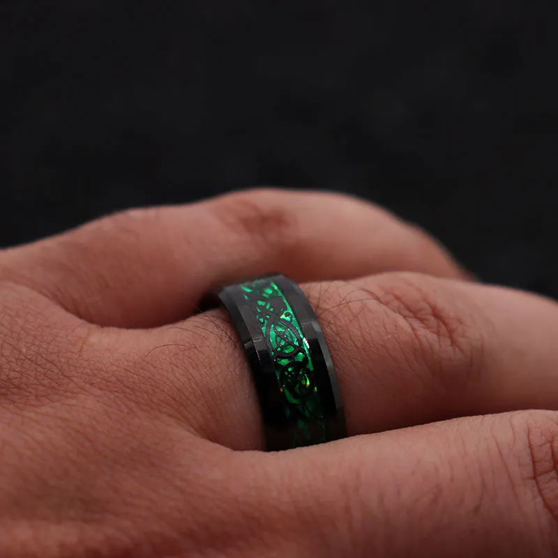 Men's 8mm Green Carbon Fiber Black Celtic Dragon Tungsten Carbide Ring Comfort Fit Wedding Band