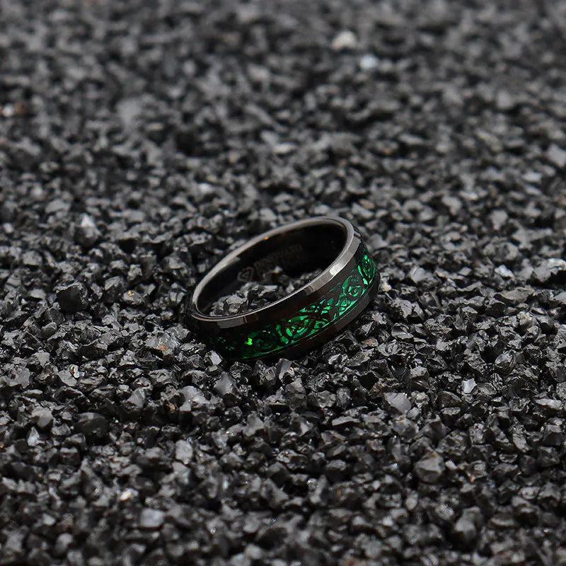 Men's 8mm Green Carbon Fiber Black Celtic Dragon Tungsten Carbide Ring Comfort Fit Wedding Band