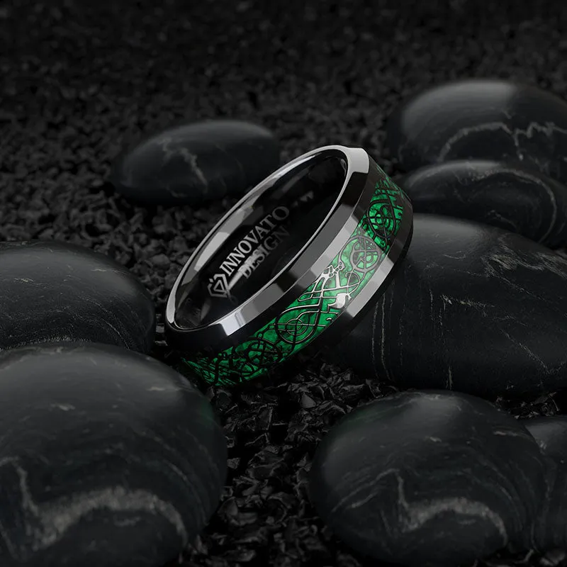 Men's 8mm Green Carbon Fiber Black Celtic Dragon Tungsten Carbide Ring Comfort Fit Wedding Band