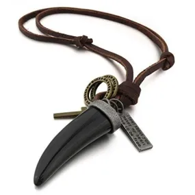 Men's Alloy Genuine Leather Pendant Necklace Black Wolf Tooth Cross Adjustable 16~26 Inch Chain