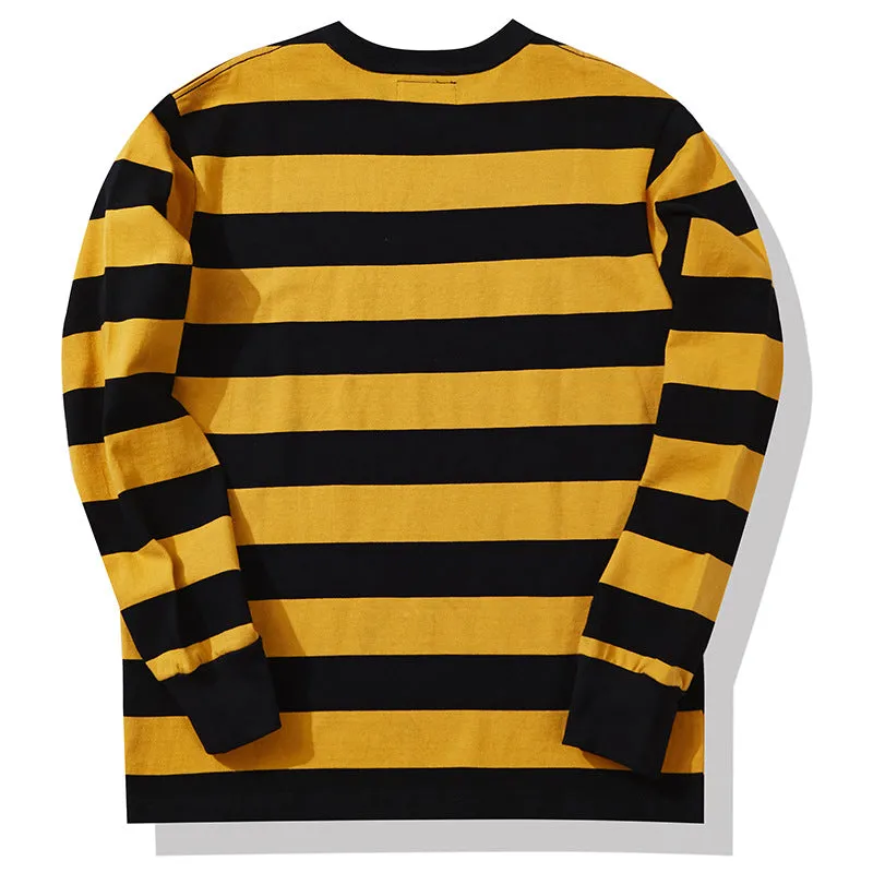 Men's American Retro Prisoner Motorcycle Thick Stripe Long Sleeve T-Shirt