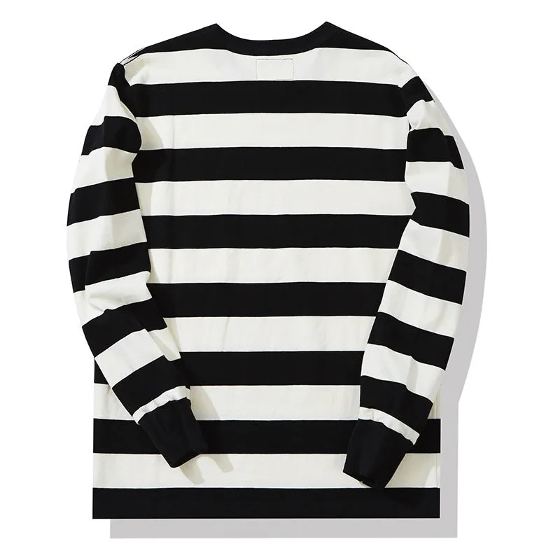 Men's American Retro Prisoner Motorcycle Thick Stripe Long Sleeve T-Shirt