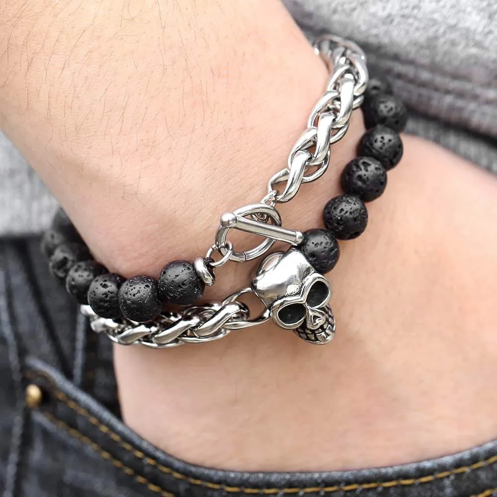 Men's Stainless Steel and Lava Rock Black Skull Beaded Bracelet