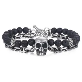 Men's Stainless Steel and Lava Rock Black Skull Beaded Bracelet