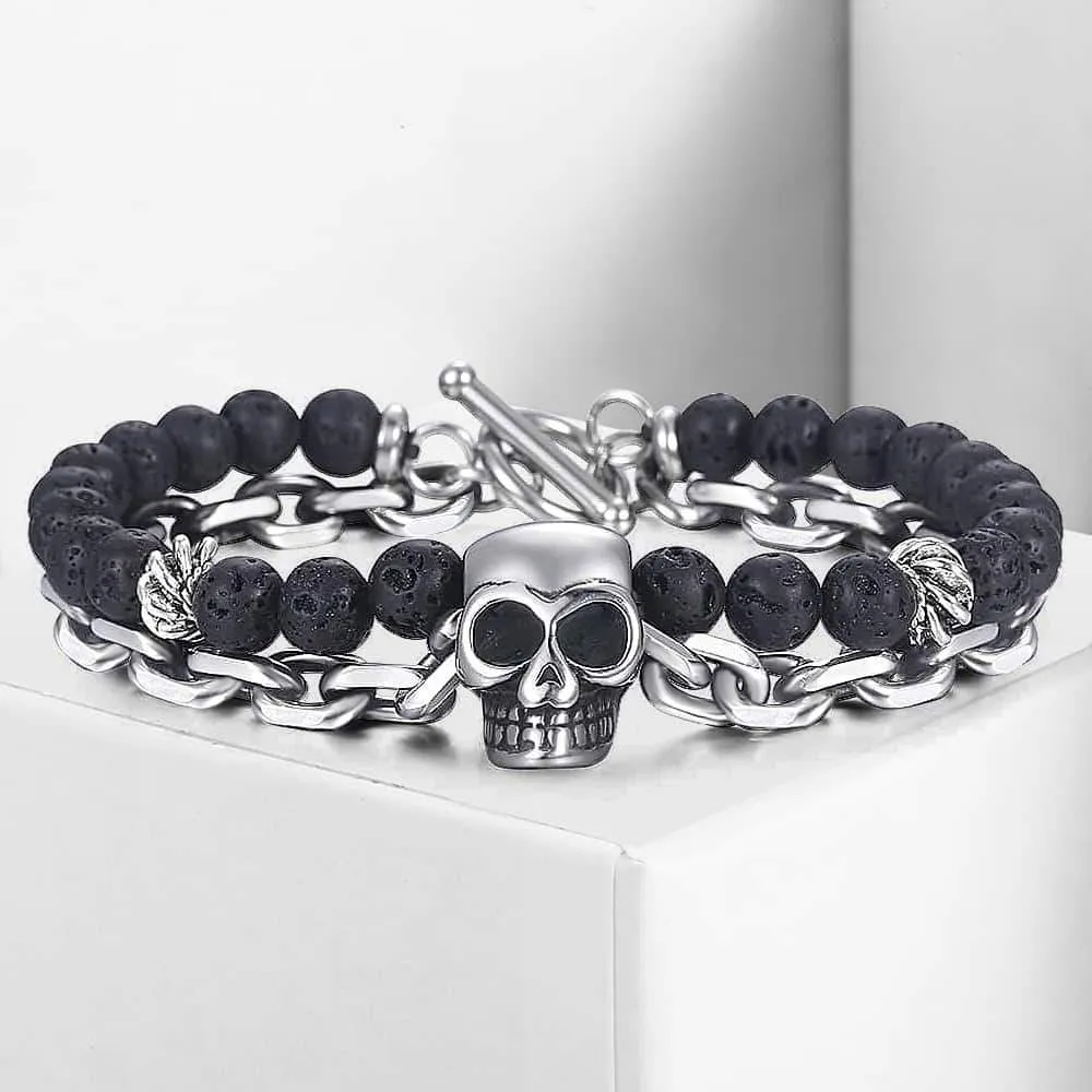 Men's Stainless Steel and Lava Rock Black Skull Beaded Bracelet