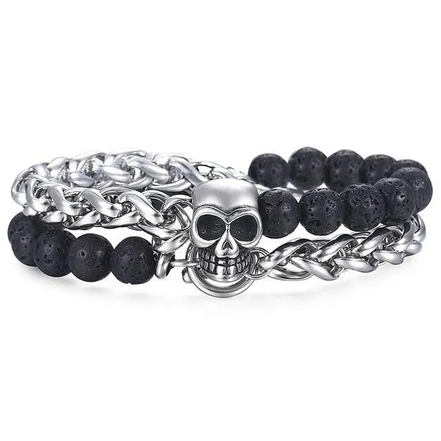 Men's Stainless Steel and Lava Rock Black Skull Beaded Bracelet