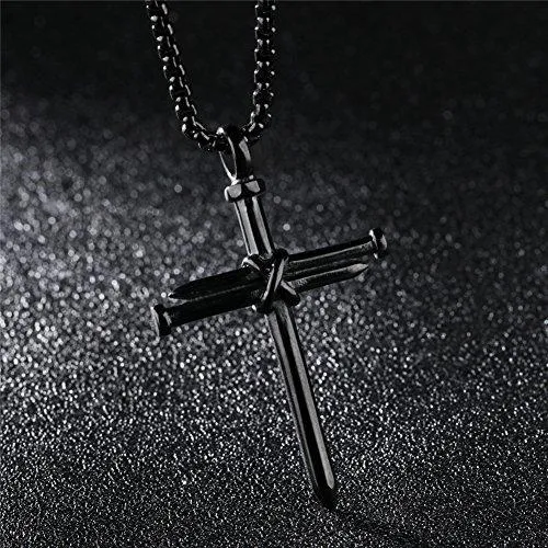 Men's Stainless Steel Pendant Necklace Nail Cross Polished Gold Silver Black