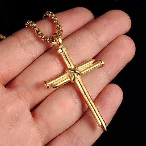 Men's Stainless Steel Pendant Necklace Nail Cross Polished Gold Silver Black