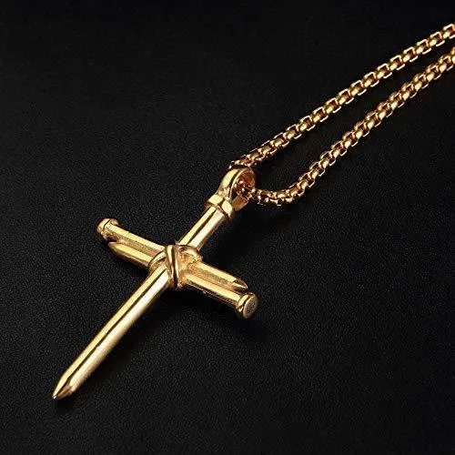 Men's Stainless Steel Pendant Necklace Nail Cross Polished Gold Silver Black