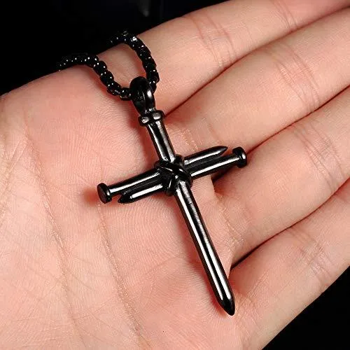 Men's Stainless Steel Pendant Necklace Nail Cross Polished Gold Silver Black