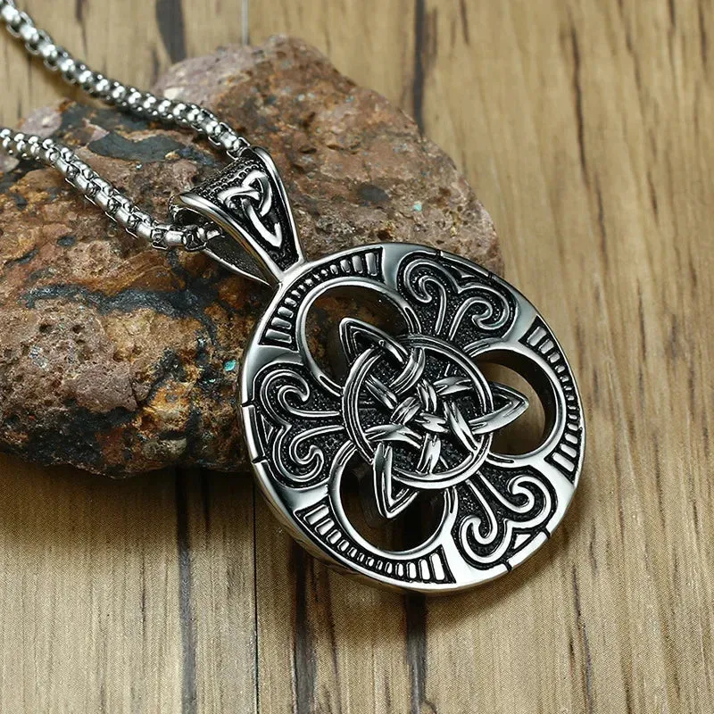 Men's Stainless Steel Pendant Necklace Silver Tone Black Irish Celtic Knot Triquetra