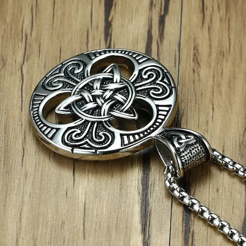 Men's Stainless Steel Pendant Necklace Silver Tone Black Irish Celtic Knot Triquetra