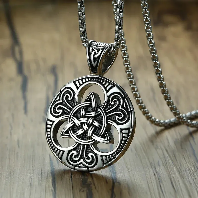 Men's Stainless Steel Pendant Necklace Silver Tone Black Irish Celtic Knot Triquetra